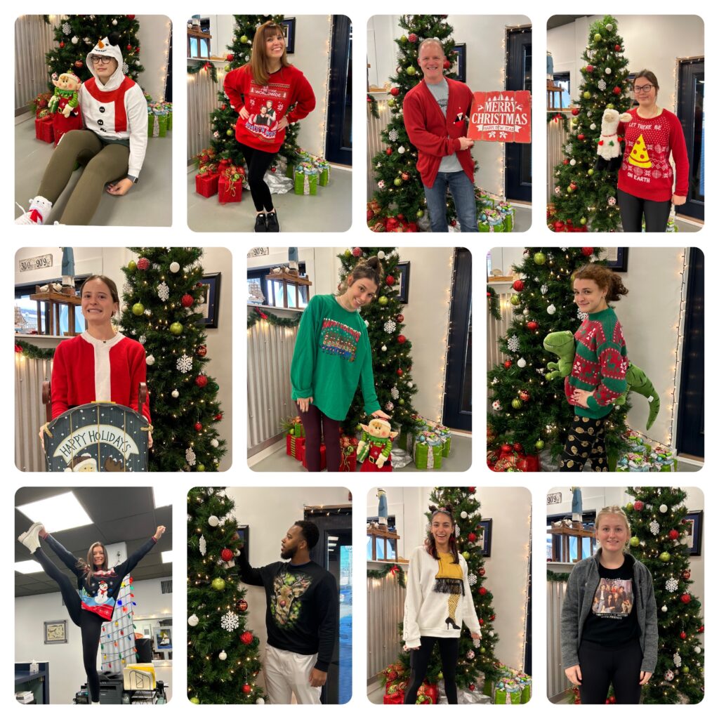 Southshore Physical Therapy, Metairie Louisiana, smiling young technicians, national ugly christmas sweater day