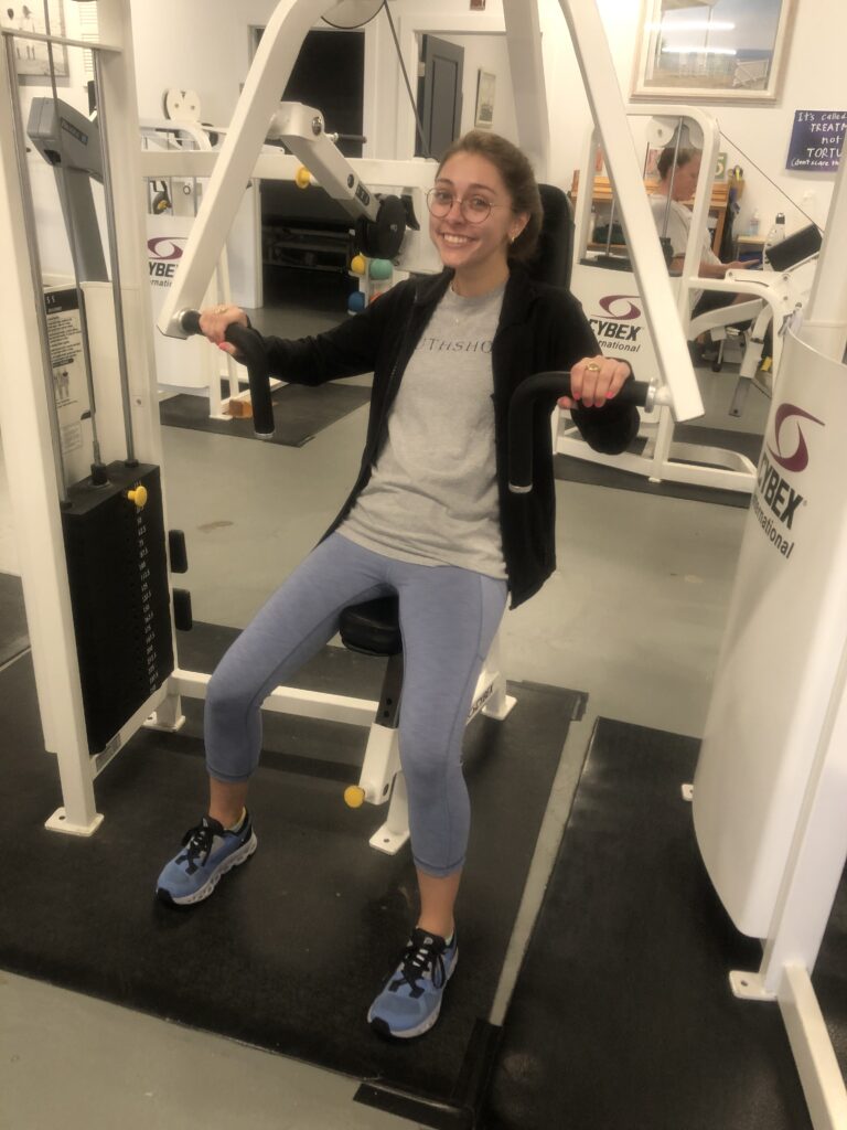 Southshore Physical Therapy, Metairie LA, Maddie Sublette, smiling, chest press, exercise makes you happy