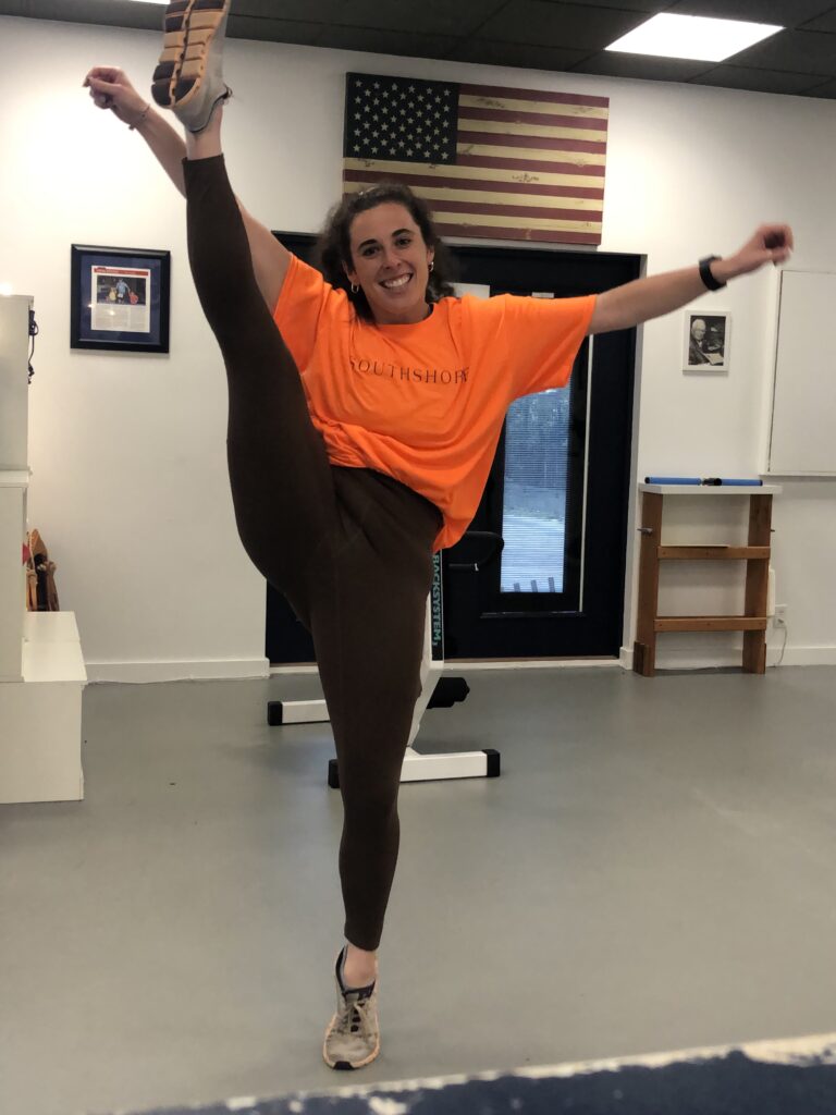 Southshore Physical Therapy, Metairie LA, Marissa Waguespack, smiling, high kick, exercise makes you happy